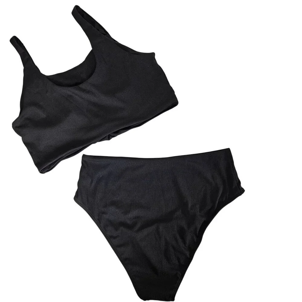Zaful Womens Black Ribbed High Waist Bikini Set Size XL Knot Front Beach Pool - Picture 2 of 9
